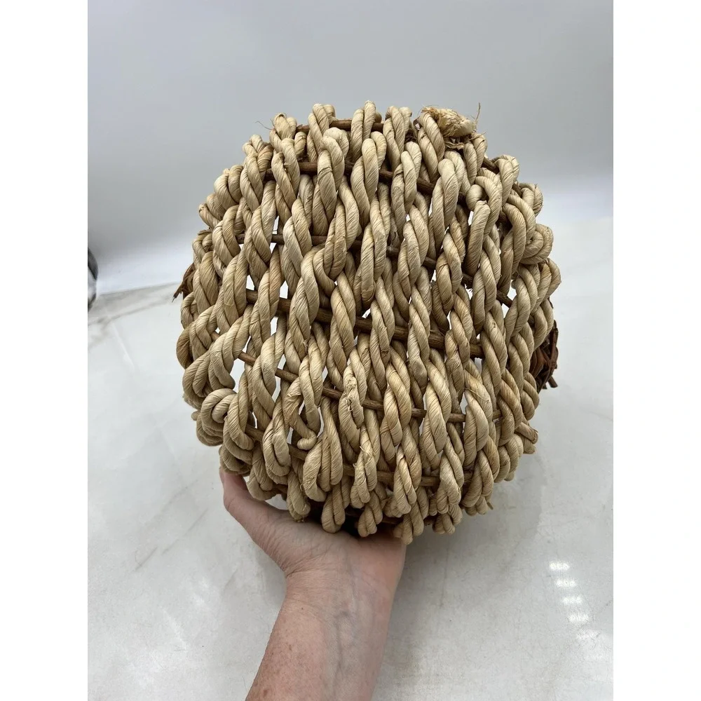 Rustic Woven Wicker and Rope Basket with Handle Natural Fiber Farmhouse Decor